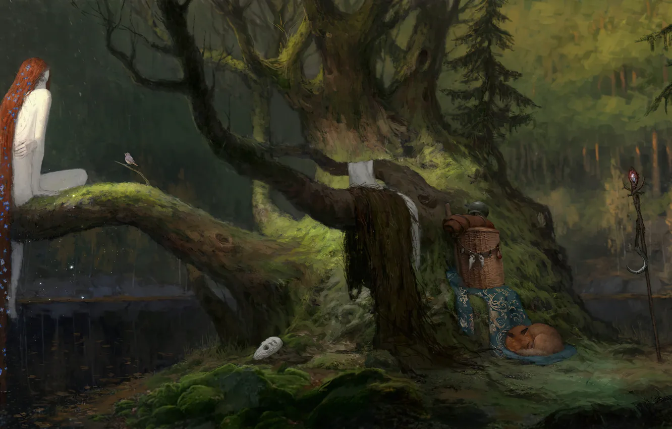Photo wallpaper tale, picture, evening, magic forest, THE GIRL IN THE WOODS, The Art Of Demura
