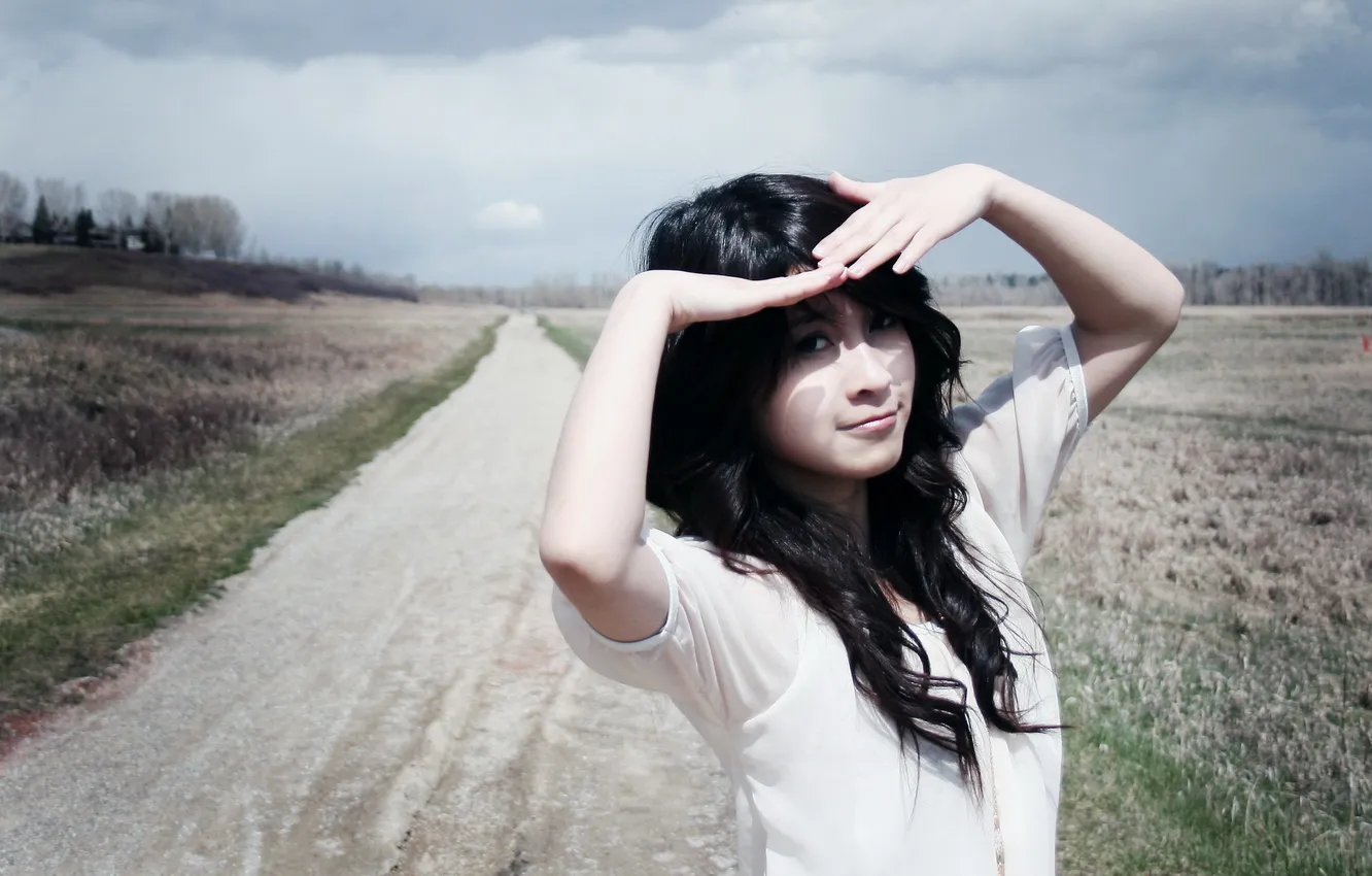 Photo wallpaper road, Asian, in the field, black hair