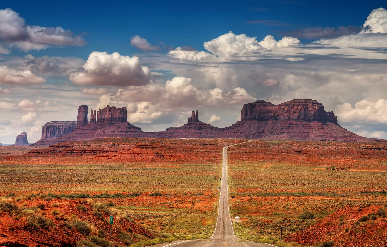 Photo wallpaper road, the sky, clouds, mountains, rocks, wild West
