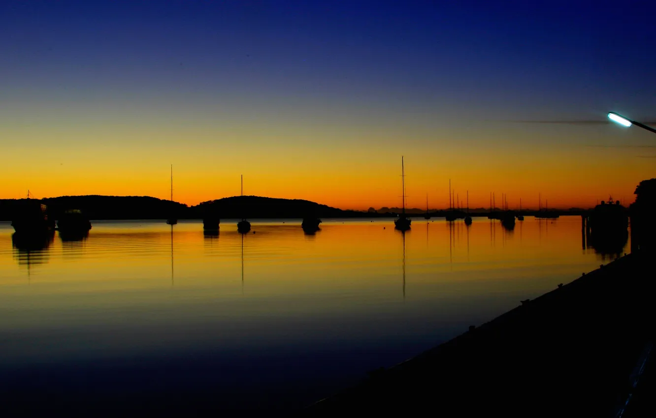 Photo wallpaper the sky, mountains, lake, the evening, yacht, lights, glow, promenade