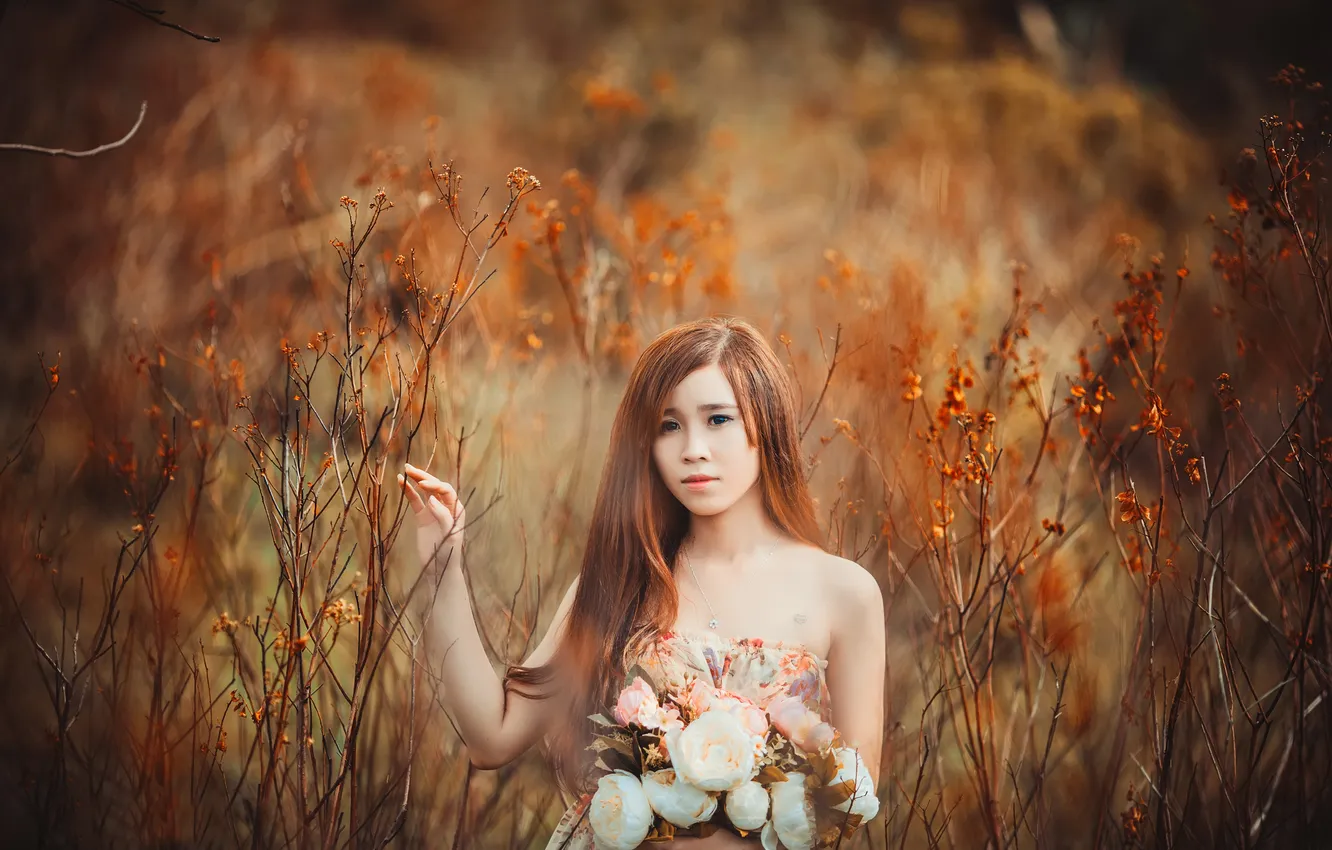 Photo wallpaper sadness, flowers, redhead