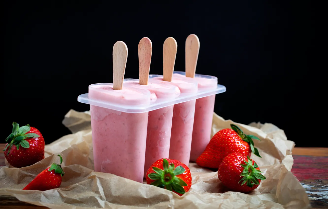 Photo wallpaper berries, strawberry, ice cream, dessert, fruit