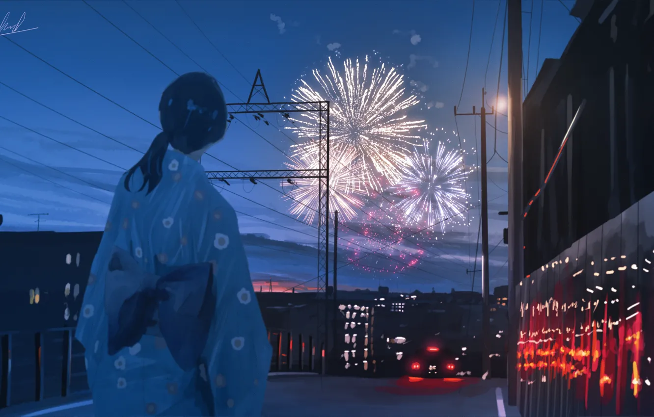 Photo wallpaper girl, the city, fireworks
