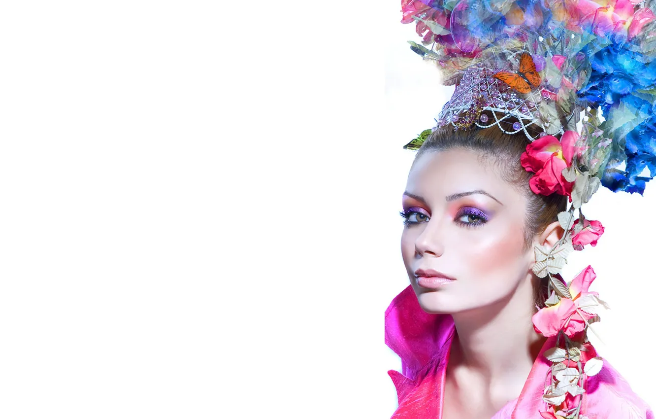 Photo wallpaper look, girl, flowers, face, butterfly, makeup, headdress