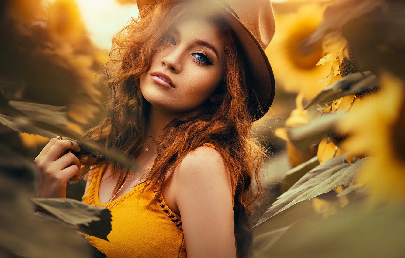 Photo wallpaper sunflowers, Girl, hat, red