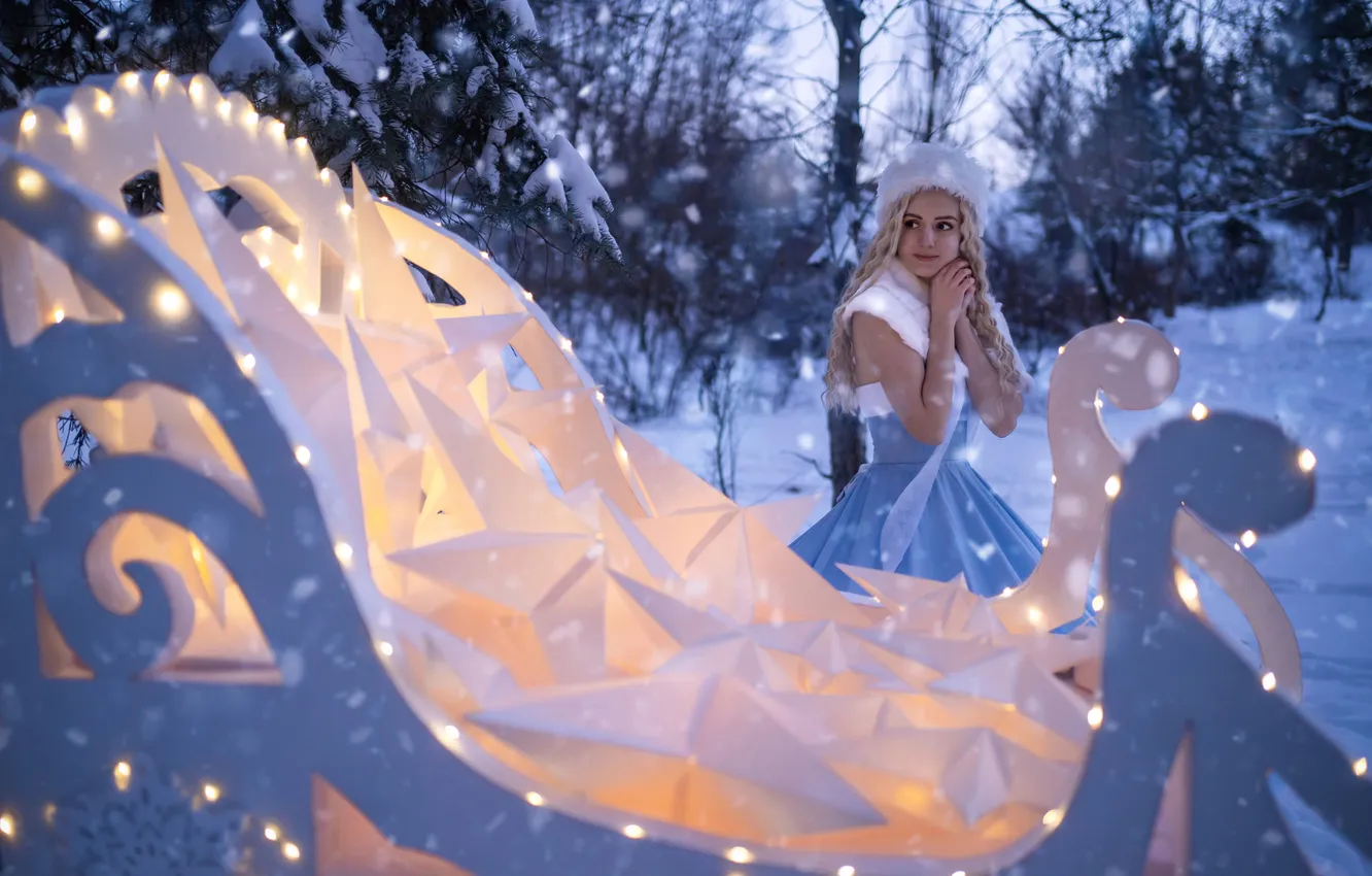 Photo wallpaper winter, look, girl, stars, light, snow, night, nature