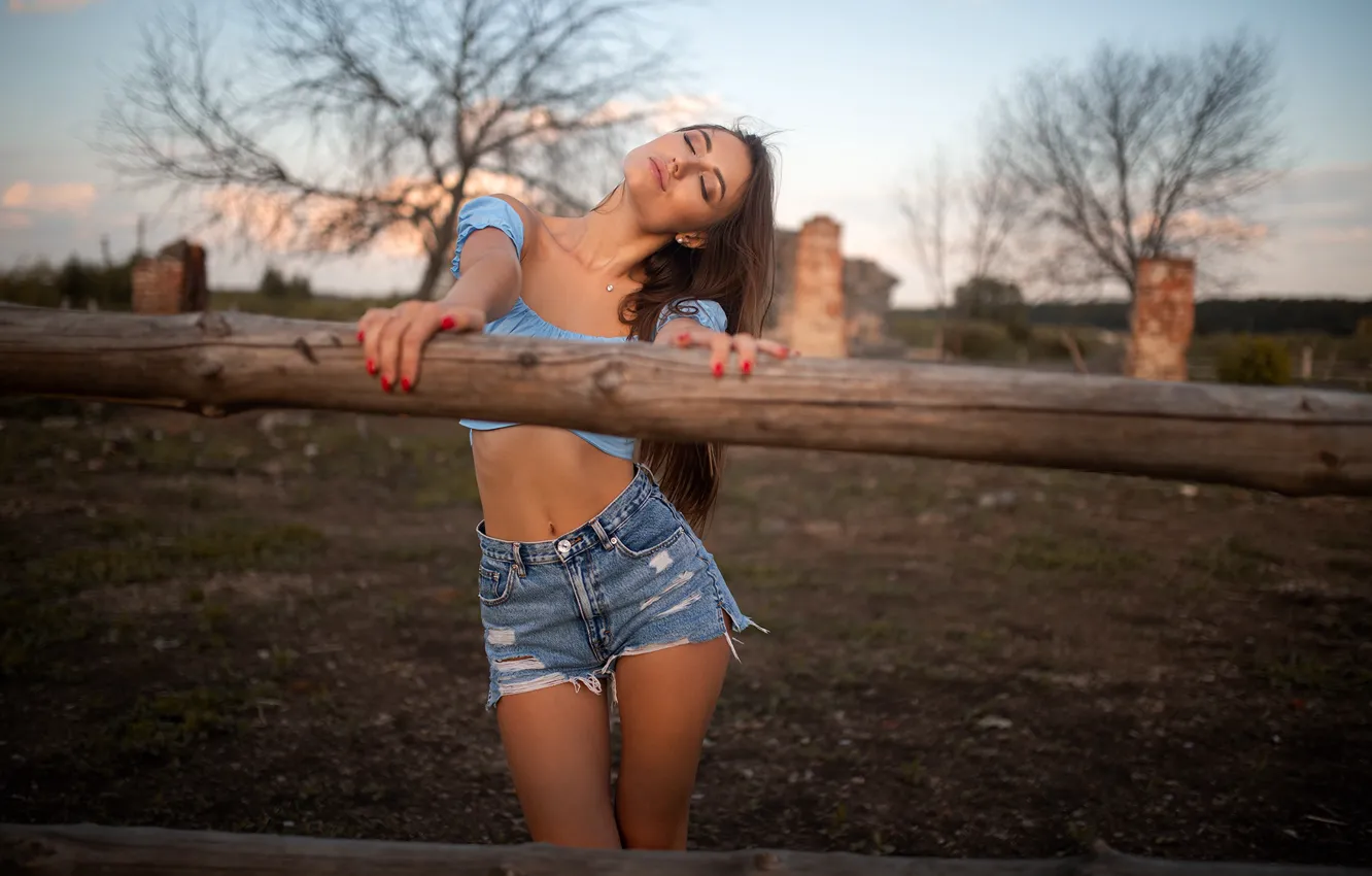 Photo wallpaper girl, pose, shorts, figure, closed eyes, Dmitry Shulgin, Anastasia Chernyaeva
