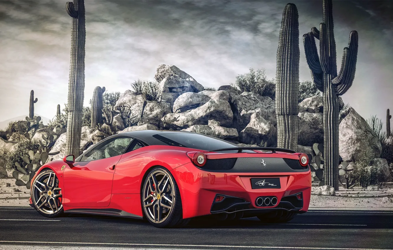 Photo wallpaper Road, Red, Desert, Ferrari, Cacti, Ferrari, Red, Car