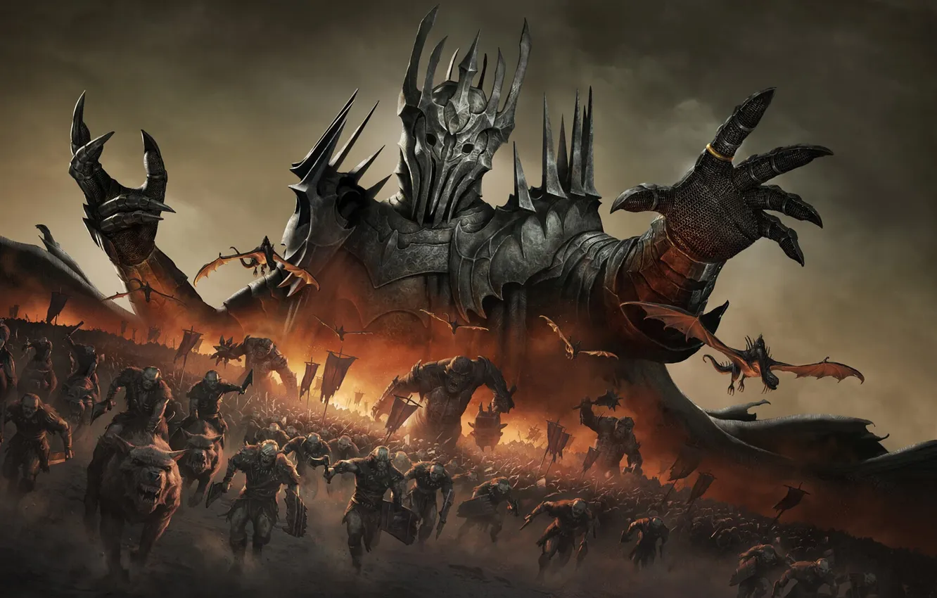 Photo wallpaper fantasy, nazgul, lord of the rings, army, troll, orcs, sauron, Mordor