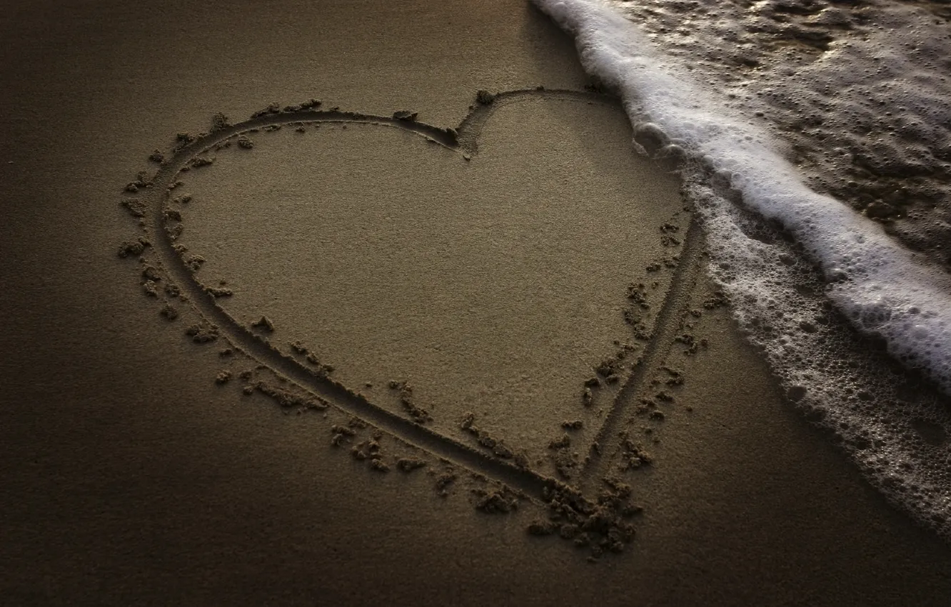 Photo wallpaper sand, beach, the ocean, heart, wave, the evening