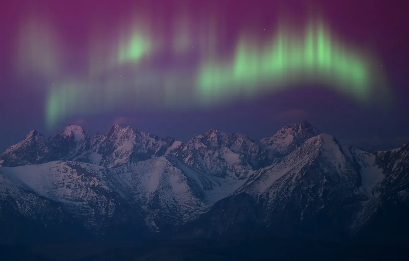 Photo wallpaper snow, landscape, mountains, Northern lights