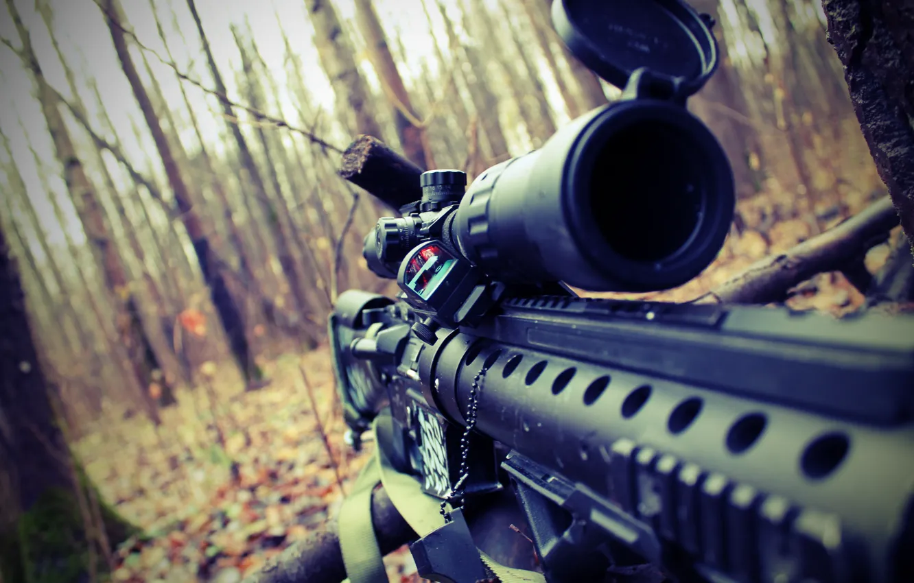 Photo wallpaper autumn, forest, sniper, sight, rifle, airsoft, airsoft, m16spr