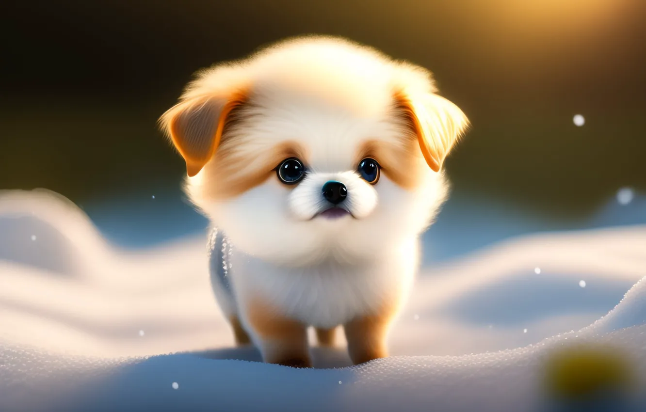 Photo wallpaper dog, puppy, snow, AI art, winter, neural network