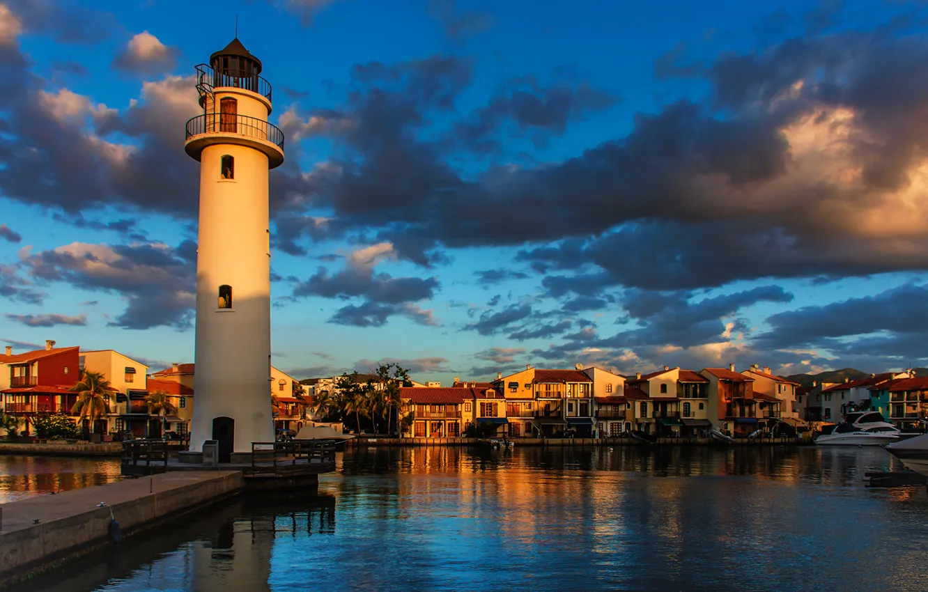 Photo wallpaper the sky, the sun, clouds, sunset, river, palm trees, shore, lighthouse