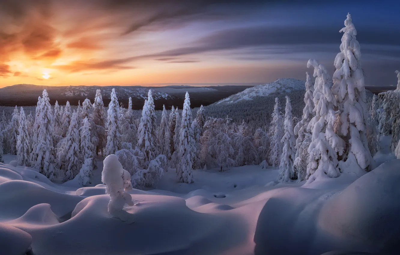 Photo wallpaper Russia, Sunrise, Ural, Taganay national park