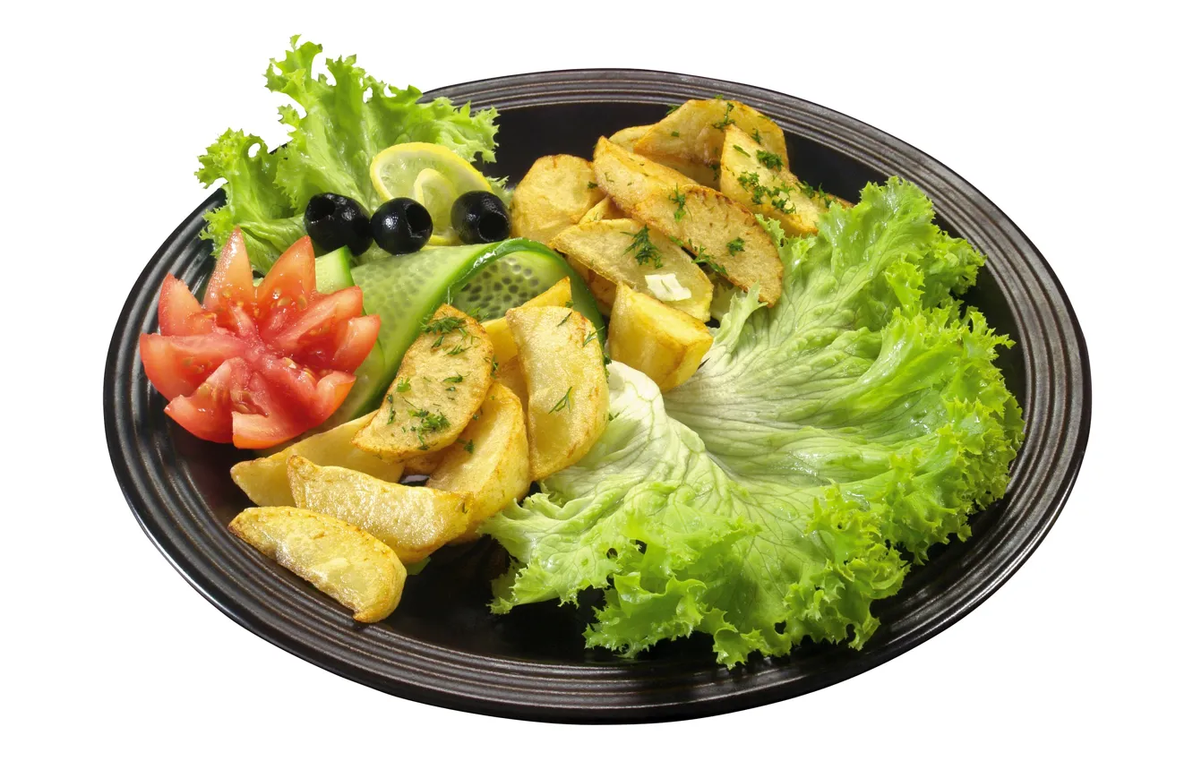 Photo wallpaper greens, plate, vegetables, potatoes