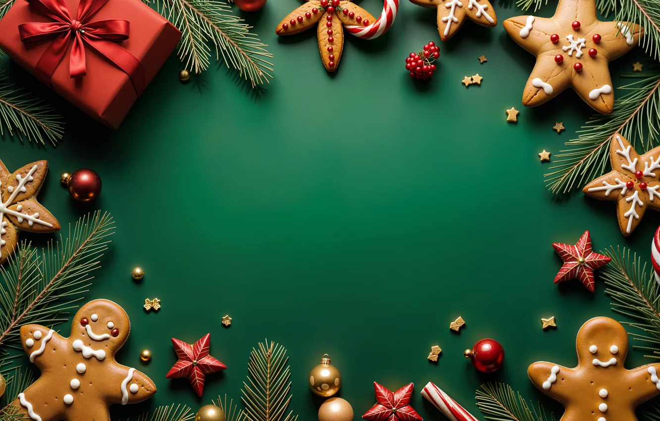 Photo wallpaper decoration, background, green, balls, new year, Christmas, golden, Christmas