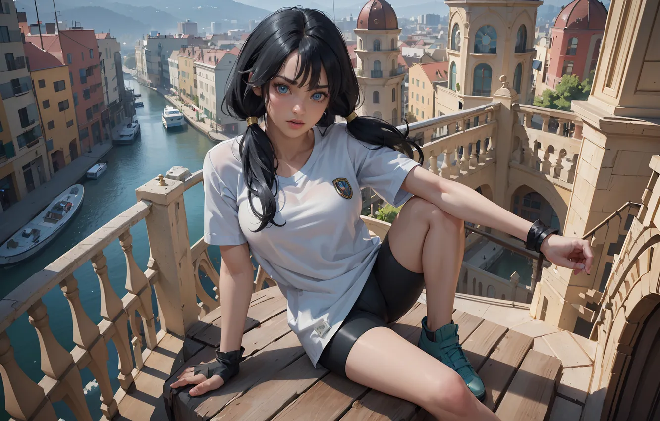 Photo wallpaper girl, anime, blue eyes, twintails, brunette, t-shirt, anime girls, Dragon Ball Z