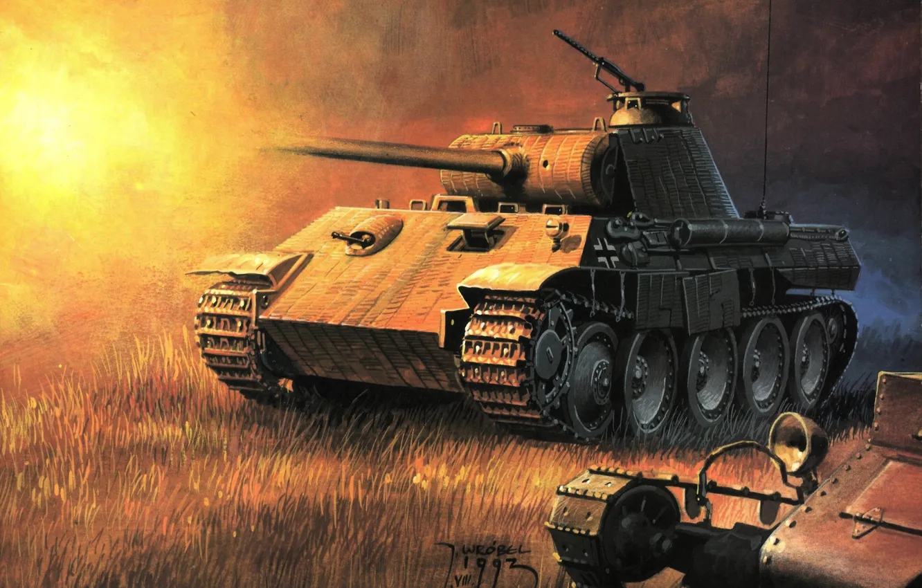 Photo wallpaper figure, flash, shot, Panther, art, tank, German, average