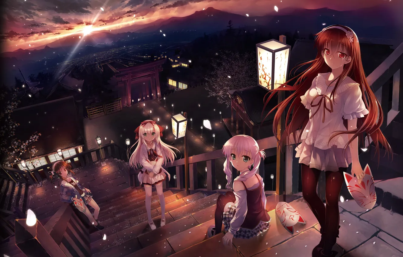 Photo wallpaper sadness, look, girl, night, petals, Sakura, mask, tears