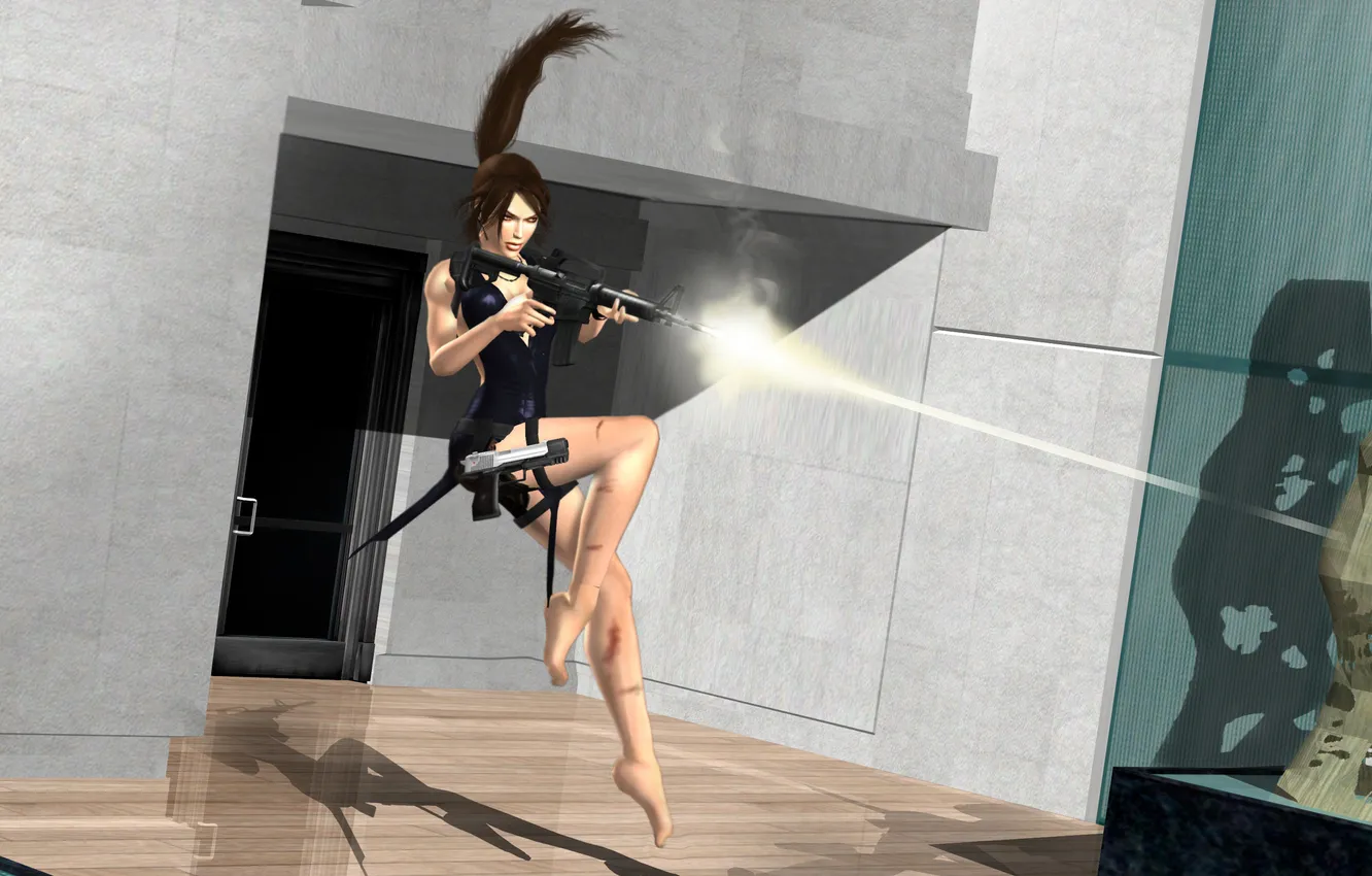 Photo wallpaper girl, gun, weapons, hair, the door, machine, tail, Tomb Raider