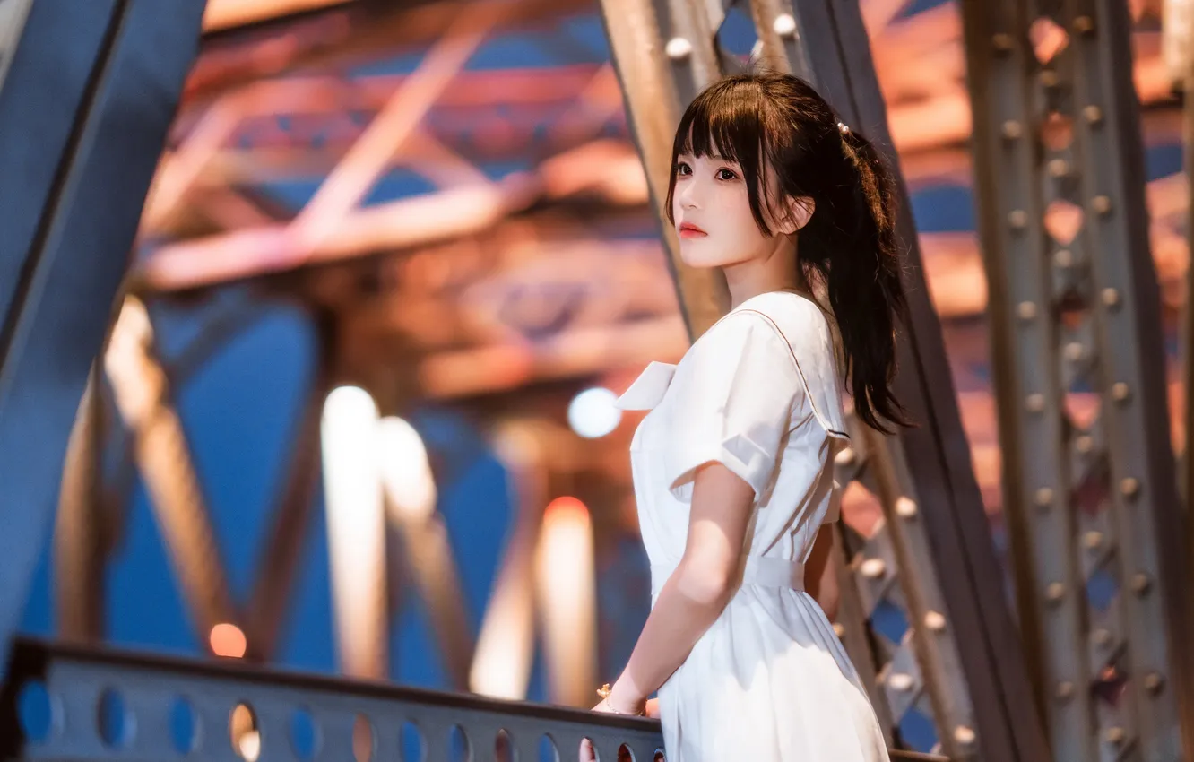 Photo wallpaper lights, road, woman, bridge, night, beautiful, model, pretty