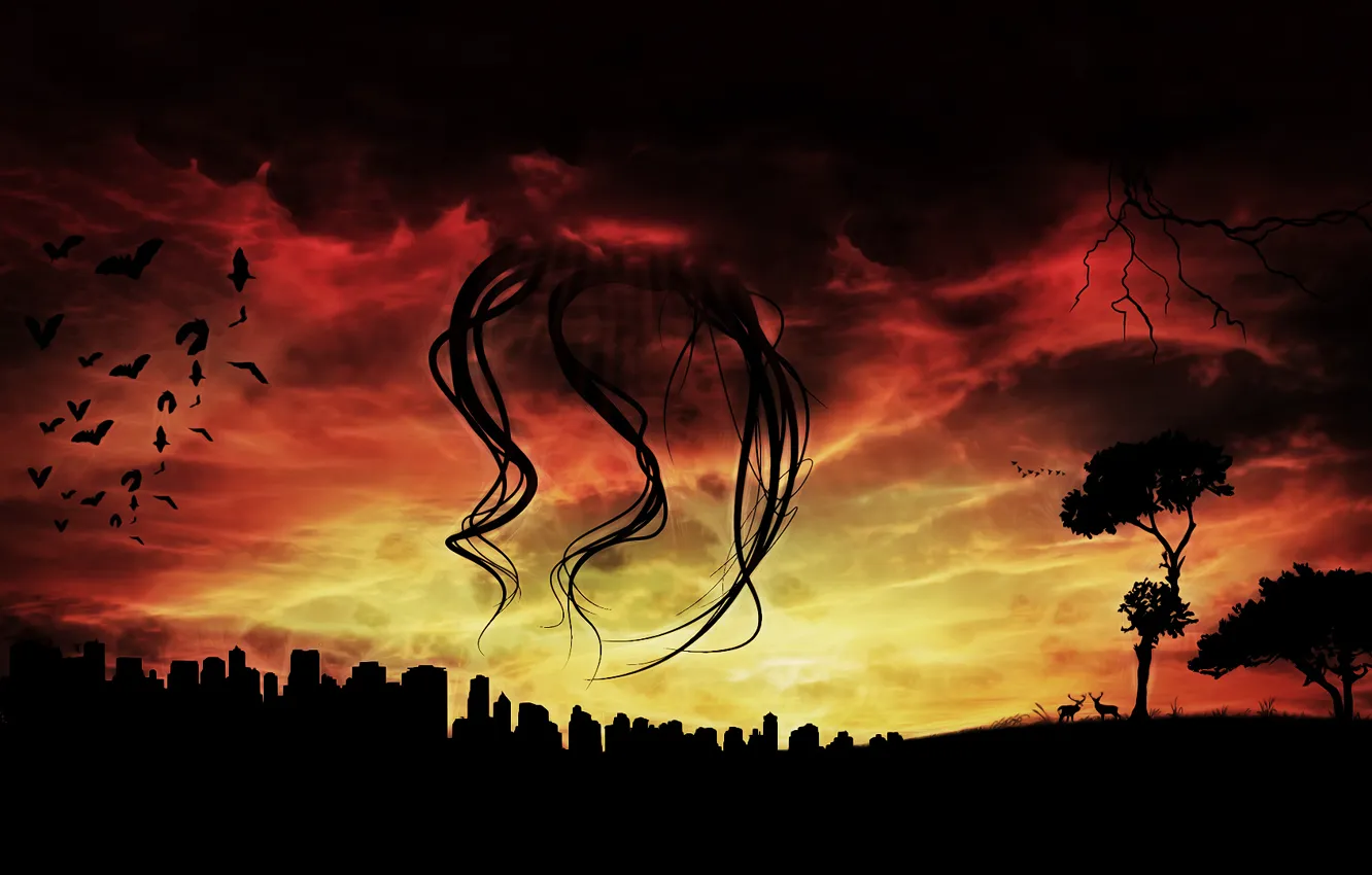 Photo wallpaper city, red, monster, nature, clouds, tentacle, atack