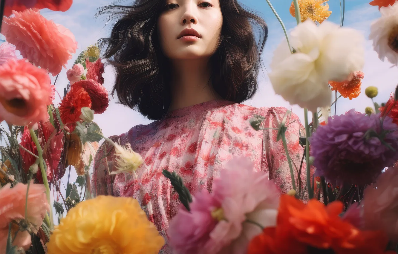 Photo wallpaper look, girl, flowers, Asian, digital art, AI art, The Art of Artificial Intelligence, neural network