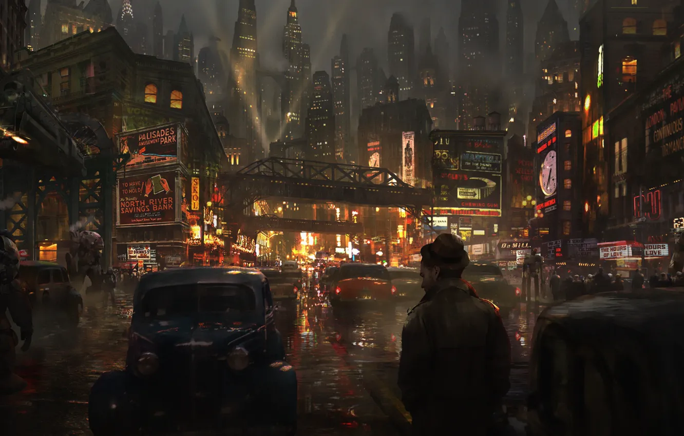 Photo wallpaper road, machine, night, the city, street, people, robot, art