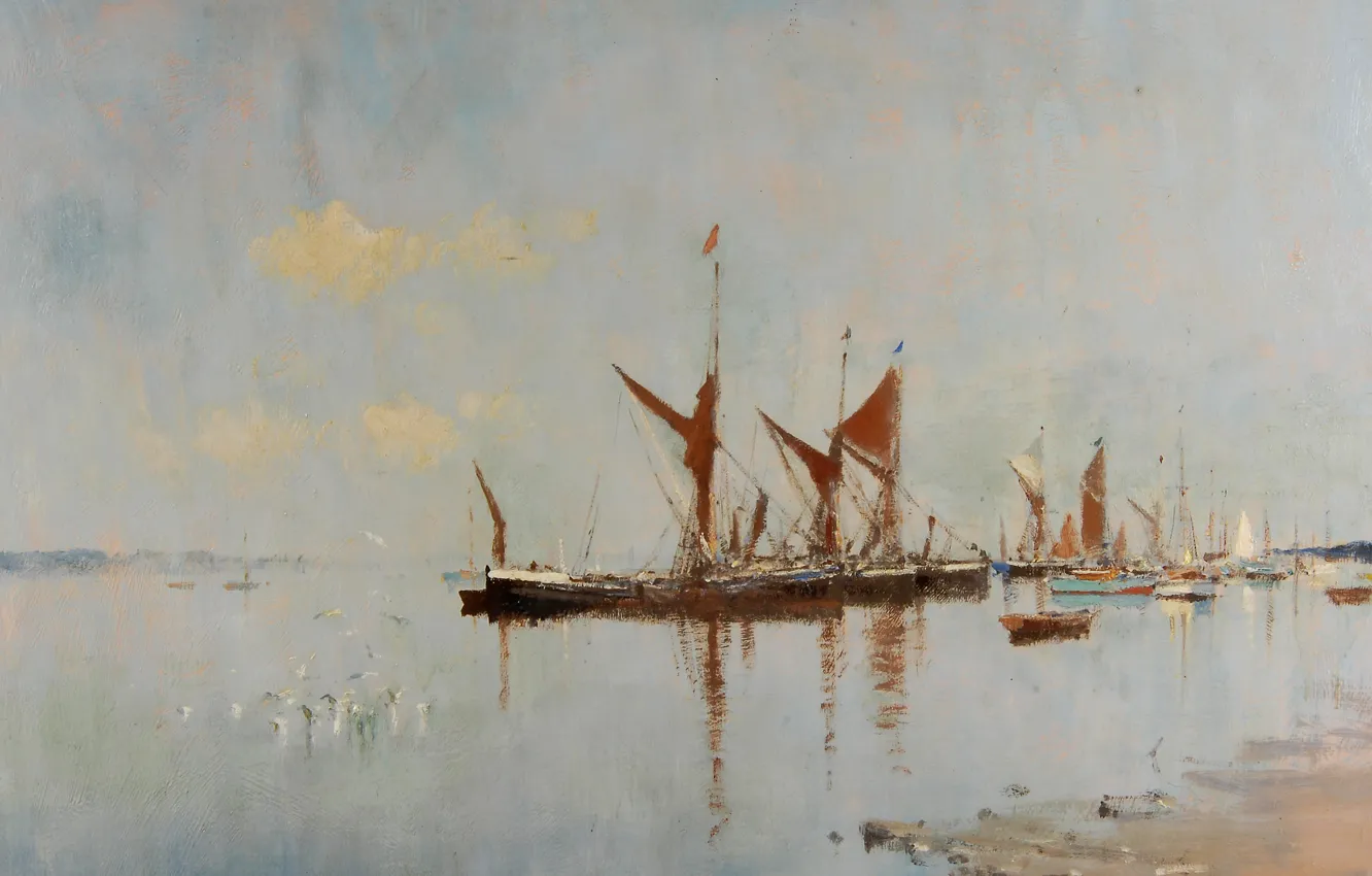 Photo wallpaper picture, seascape, Edward Seago, Barges at Anchor. Pin Mill