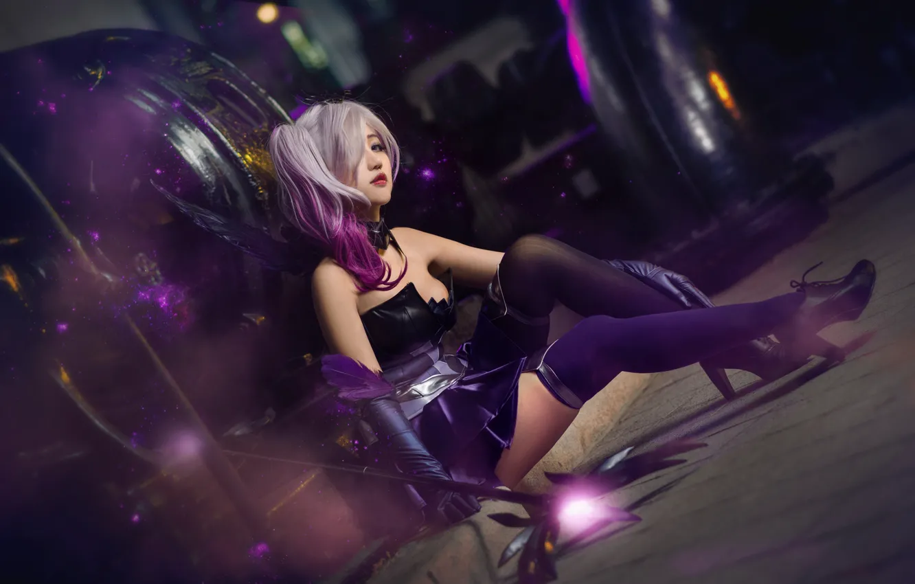 Photo wallpaper purple, look, girl, lights, pose, style, weapons, background
