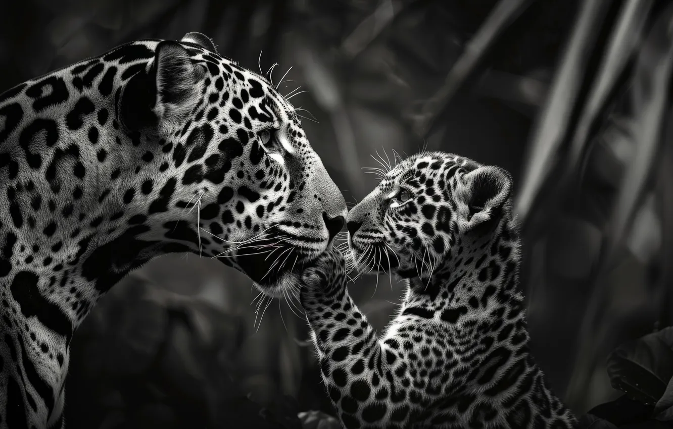 Photo wallpaper predator, Jaguar, black and white, cub, kitty, two, big cats, digital art
