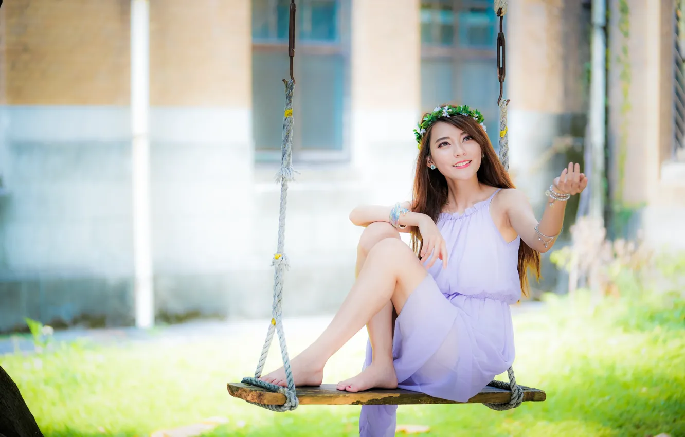 Photo wallpaper girl, smile, swing, Asian, cutie, bokeh
