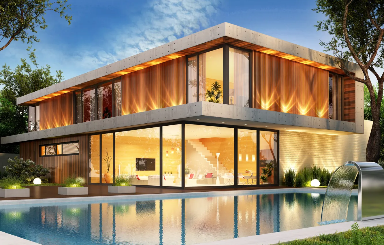 Photo wallpaper design, house, pool, modern, houses, villa, luxury