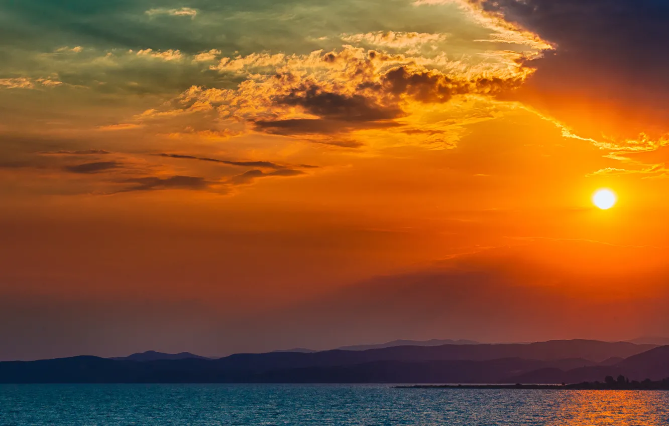 Photo wallpaper Sunset, The sun, The sky, Water, Clouds, The ocean, Mountains, Trees