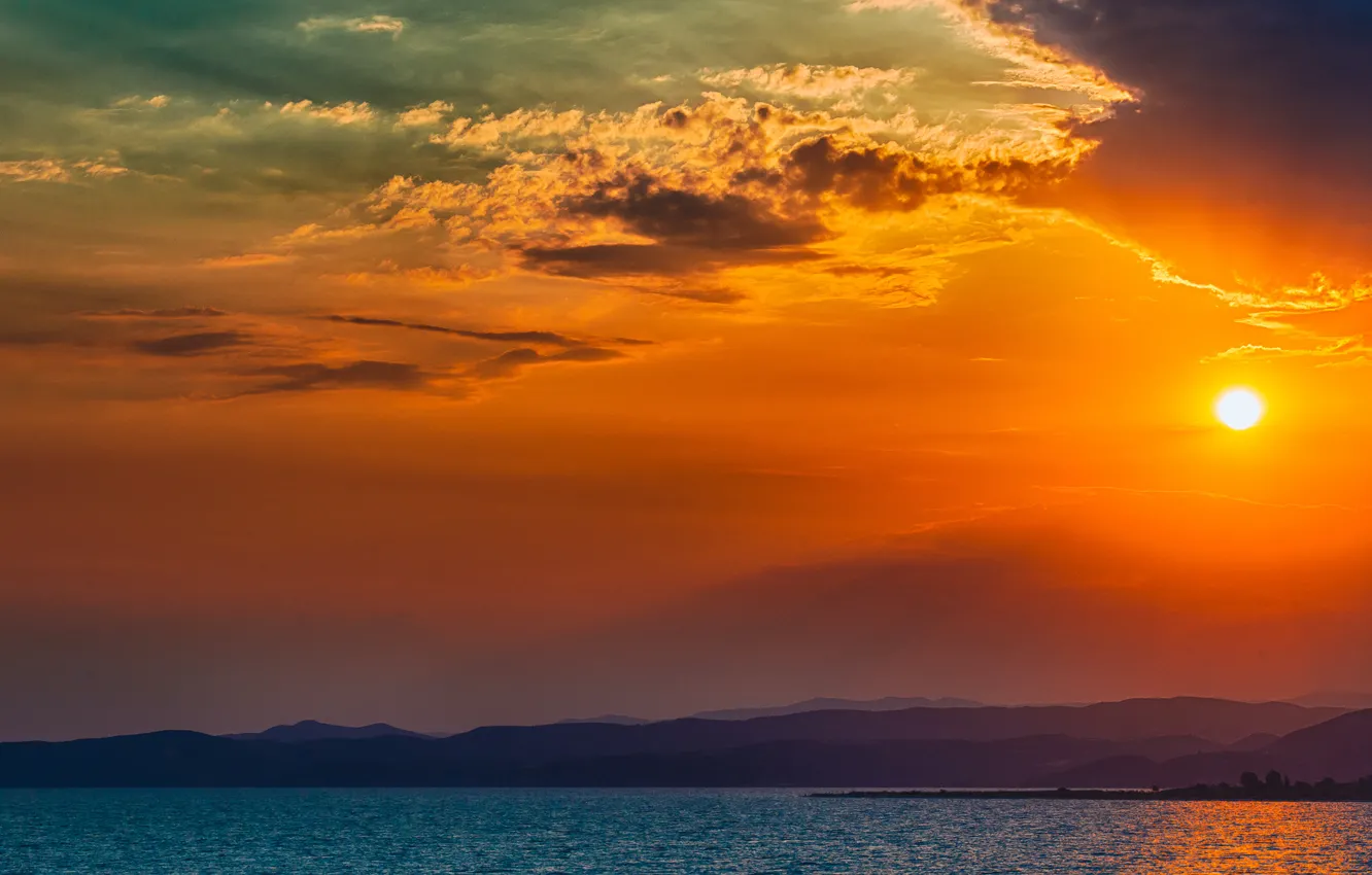 Photo wallpaper the sky, water, the sun, clouds, trees, sunset, mountains, the ocean