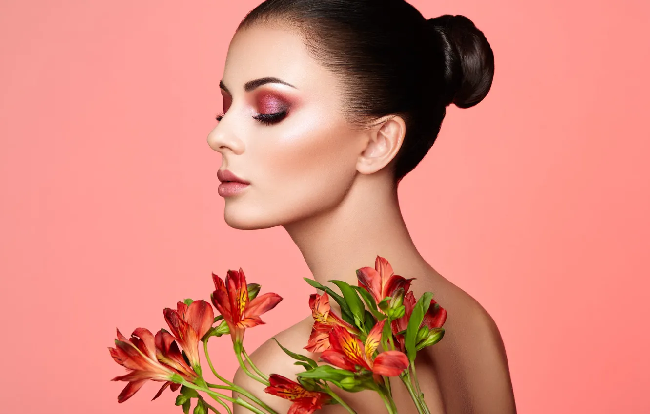 Photo wallpaper girl, flowers, face, style, background, back, makeup, lips