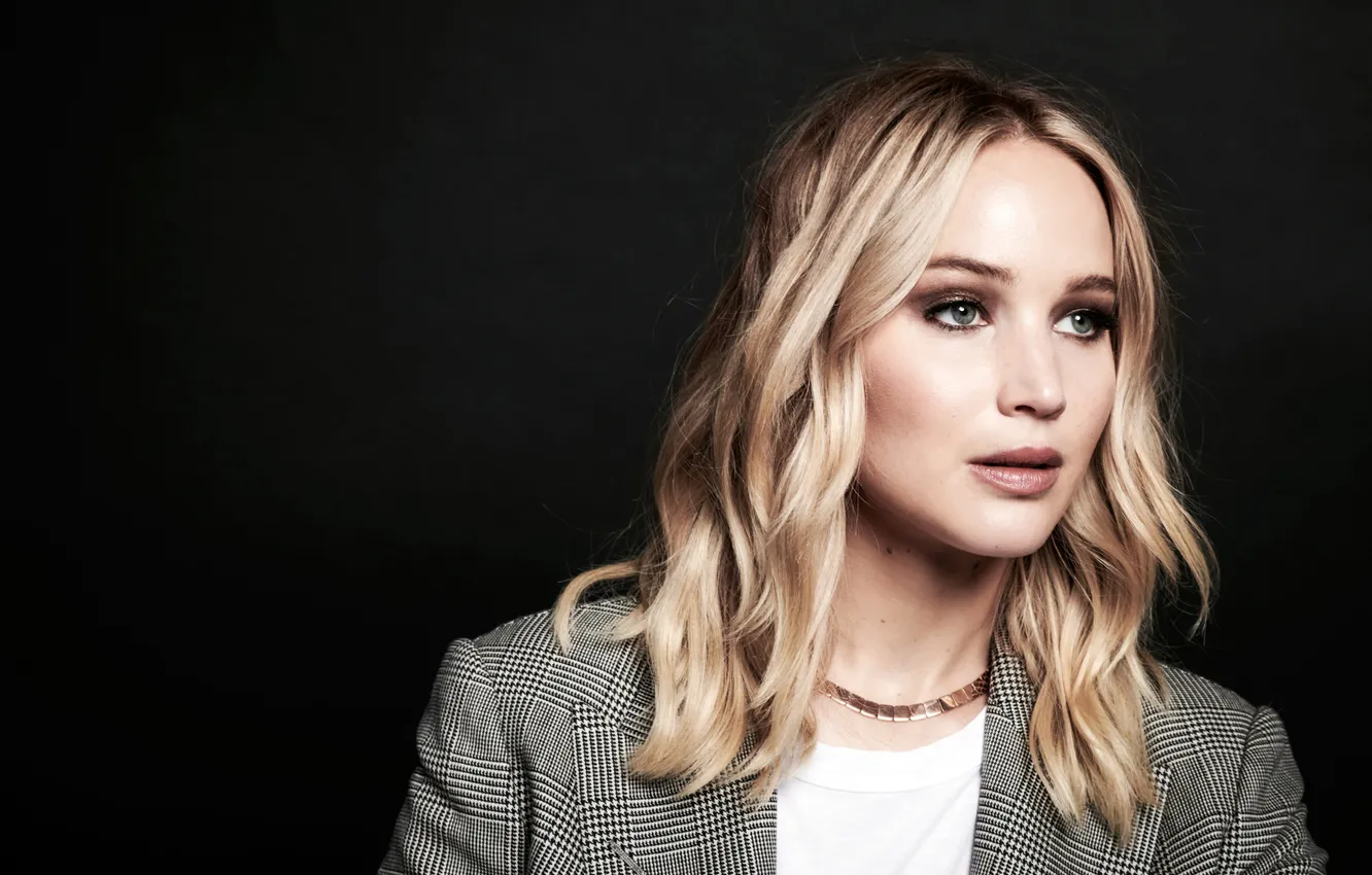 Photo wallpaper look, pose, makeup, actress, jacket, background black, hair, look