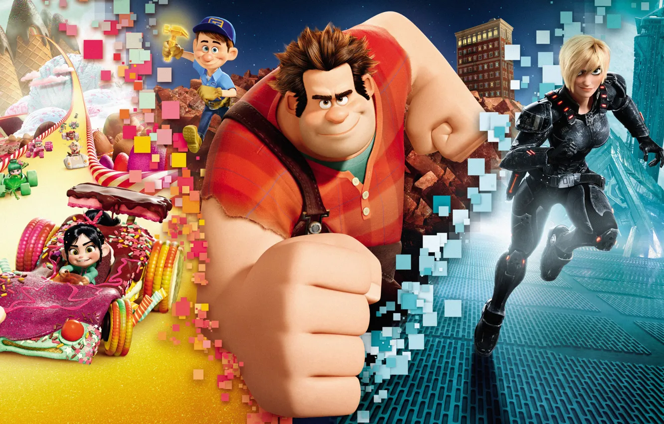 Photo wallpaper collage, cartoon, pixels, fist, characters, Wreck-It Ralph, Ralph, Sergeant Calhoun