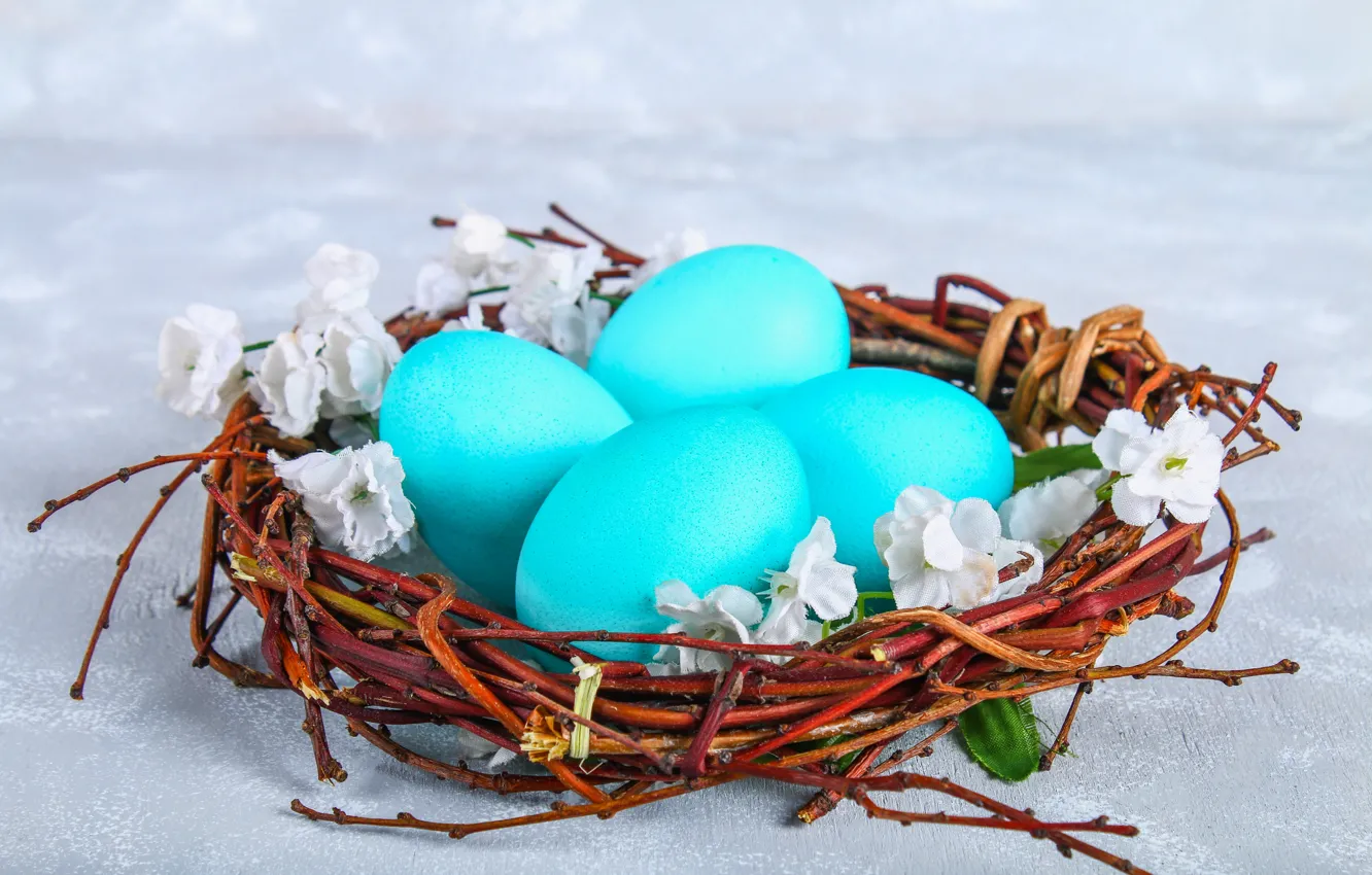 Photo wallpaper flowers, eggs, Easter, basket, flowers, Easter, eggs, decoration