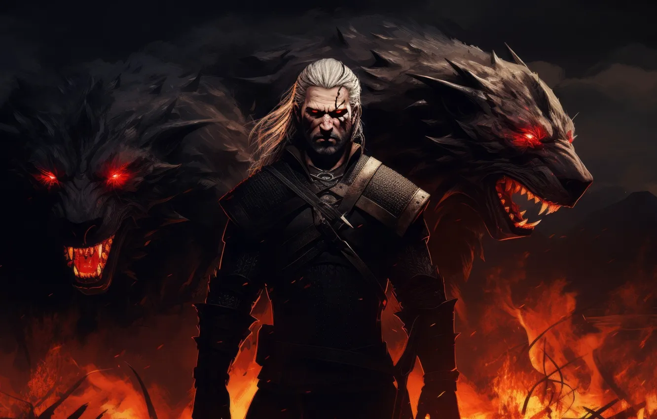 Photo wallpaper lights, wolf, The Witcher, The Witcher, Wild Hunt, medal