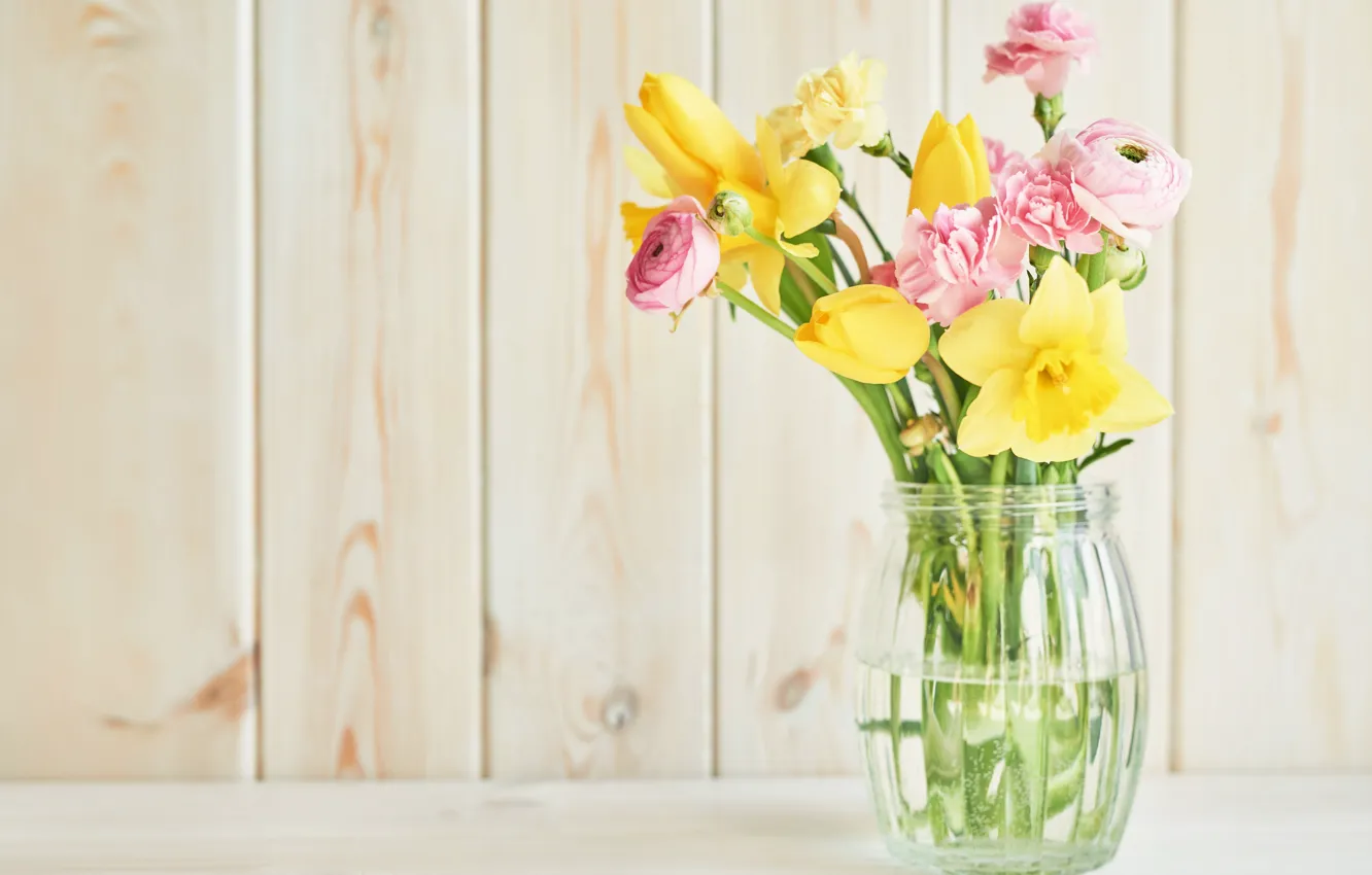 Photo wallpaper bouquet, tulips, vase, daffodils, buttercups, clove, Yarovoy Aleksandr