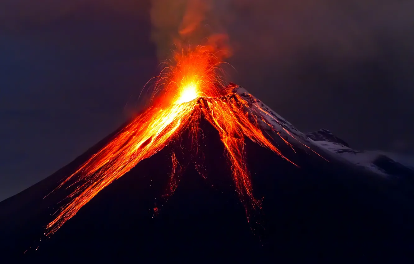 Photo wallpaper mountains, night, lights, smoke, the volcano, the eruption, lava, Ecuador