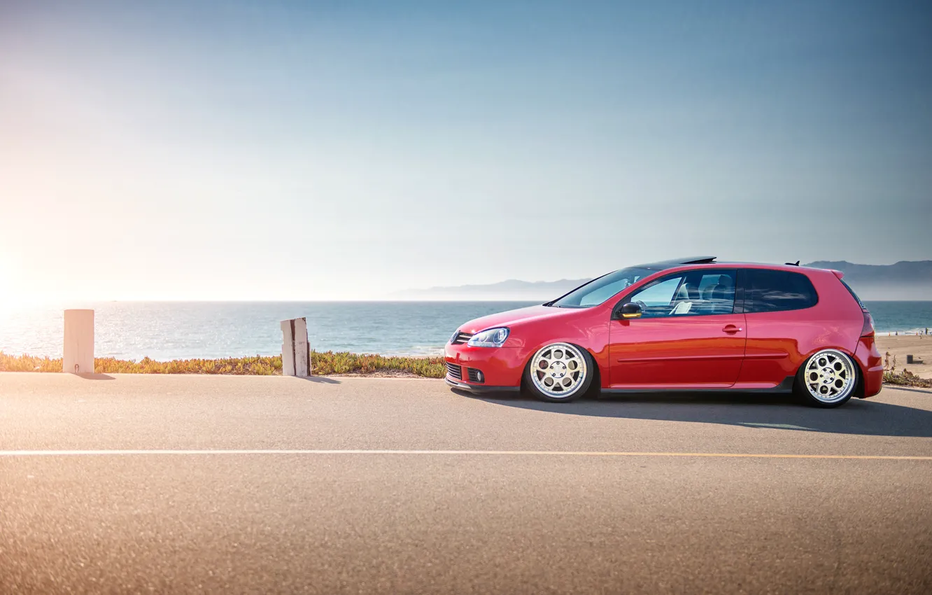 Photo wallpaper sea, red, shore, volkswagen, profile, red, Golf, golf