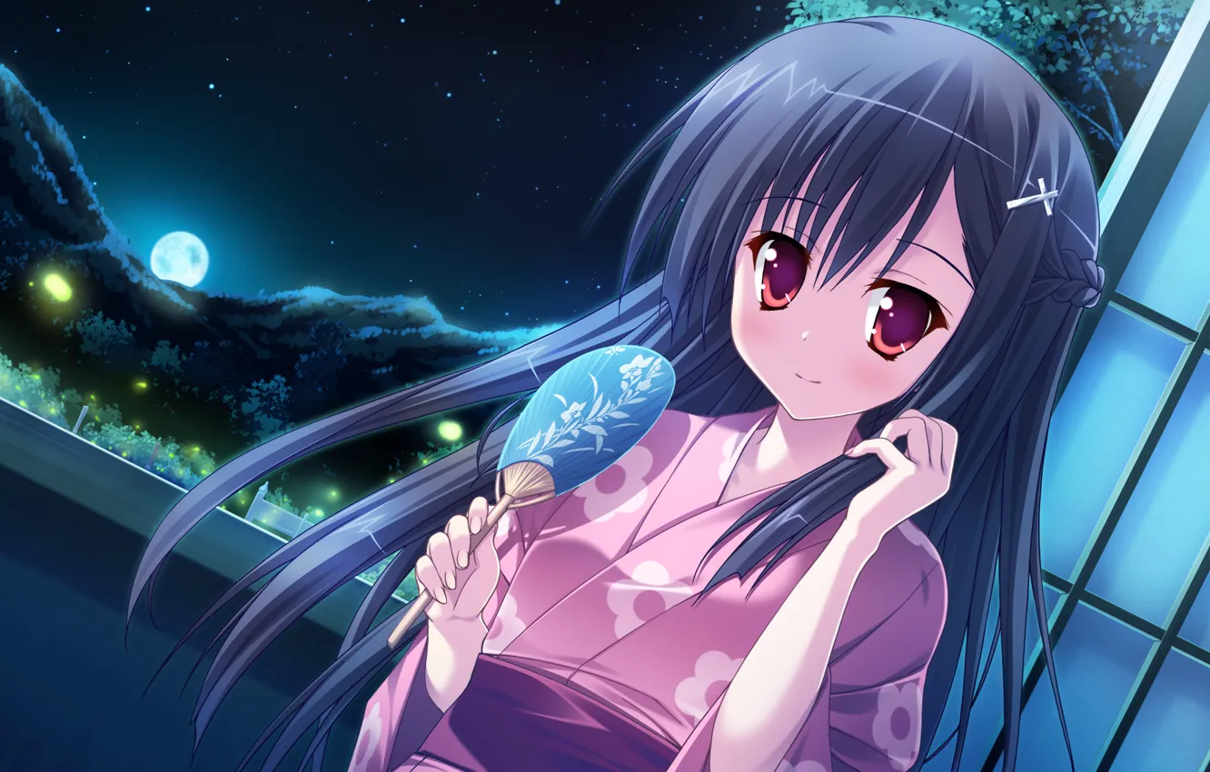 Photo wallpaper night, fireflies, the moon, window, fan, kimono, long hair, art