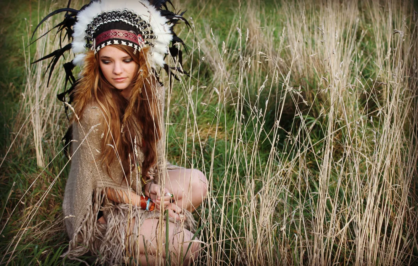 Photo wallpaper grass, girl, nature, feathers, headdress