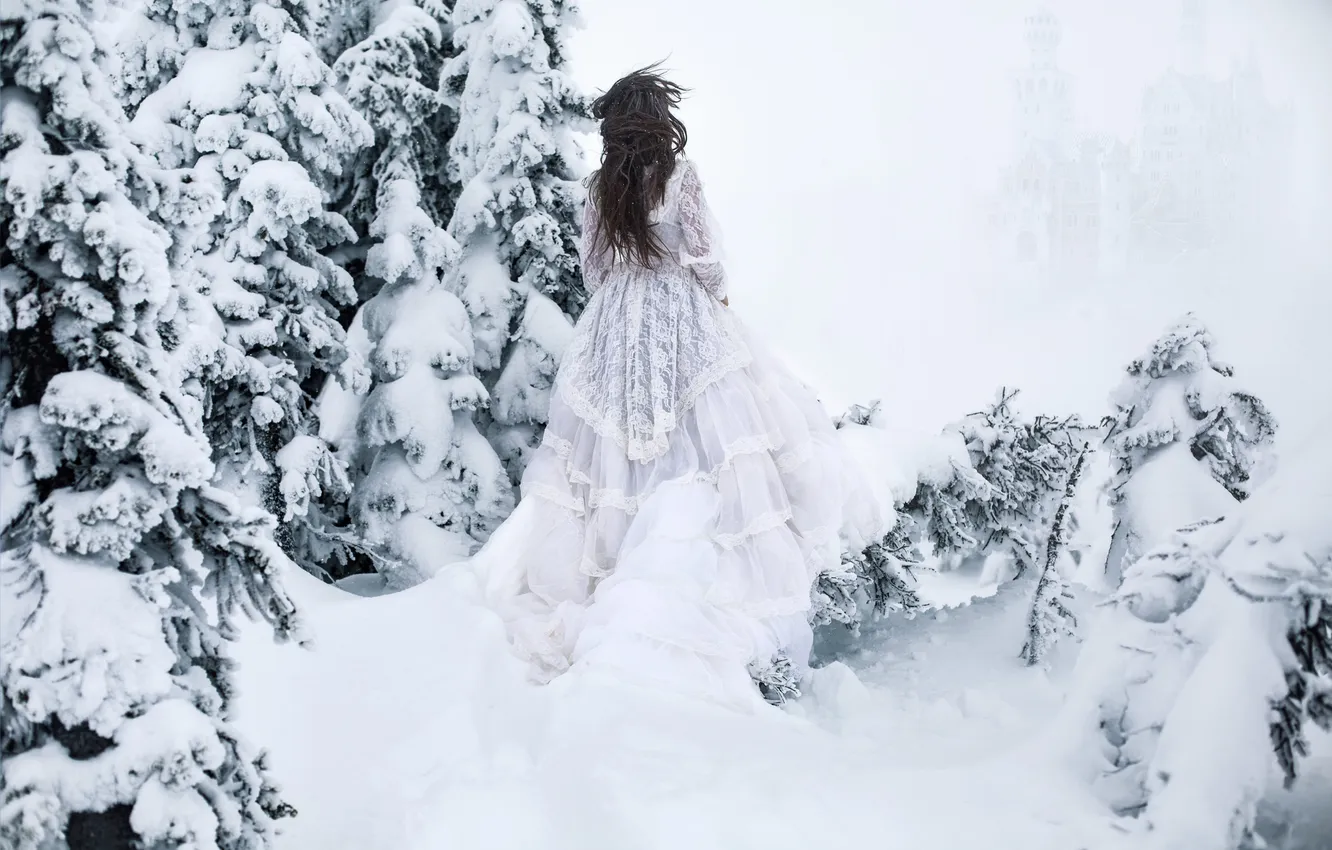 Photo wallpaper winter, girl, snow, dress