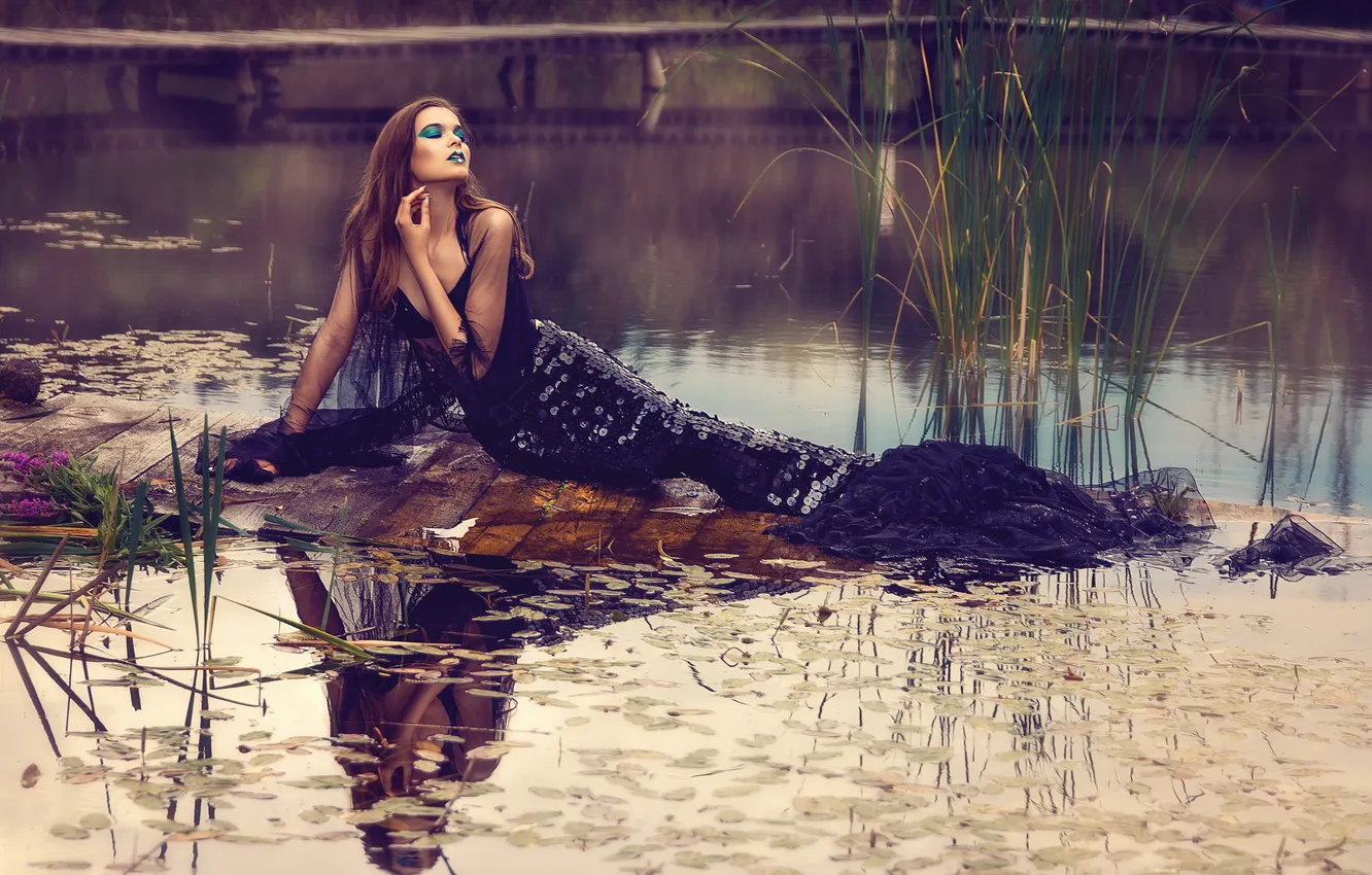 Photo wallpaper girl, face, pond, hair, body, mermaid, makeup, tail