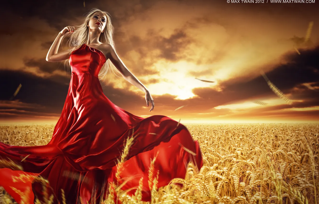Photo wallpaper field, girl, dress, Max Twain