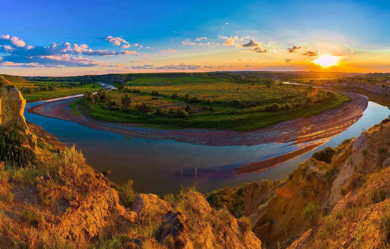 Photo wallpaper field, the sky, the sun, clouds, sunset, river, USA, Theodore Roosevelt National Park
